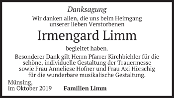 Traueranzeige von Irmengard Limm von merkurtz