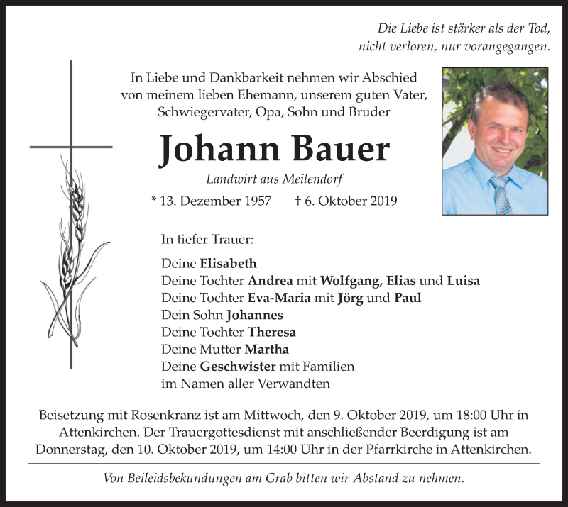  Traueranzeige für Johann Bauer vom 08.10.2019 aus merkurtz