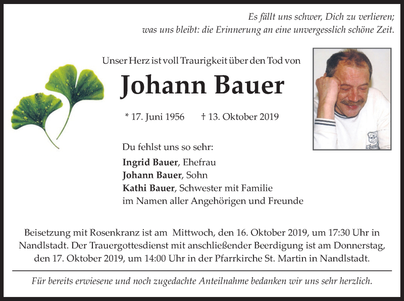  Traueranzeige für Johann Bauer vom 15.10.2019 aus merkurtz