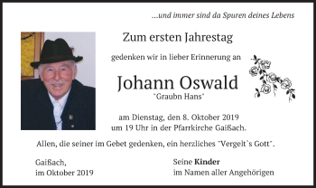 Traueranzeige von Johann Oswald von merkurtz