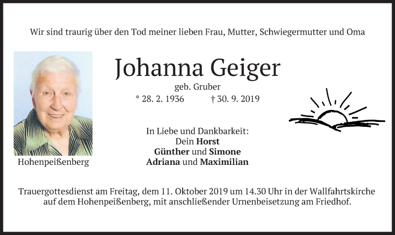 Traueranzeigen von Johanna Geiger | trauer.merkur.de