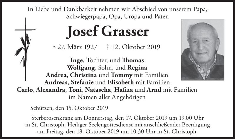  Traueranzeige für Josef Grasser vom 15.10.2019 aus merkurtz