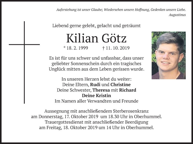  Traueranzeige für Kilian Götz vom 15.10.2019 aus merkurtz