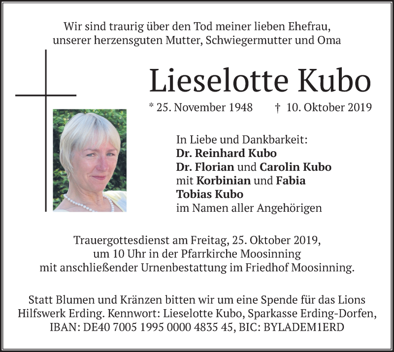  Traueranzeige für Lieselotte Kubo vom 23.10.2019 aus merkurtz