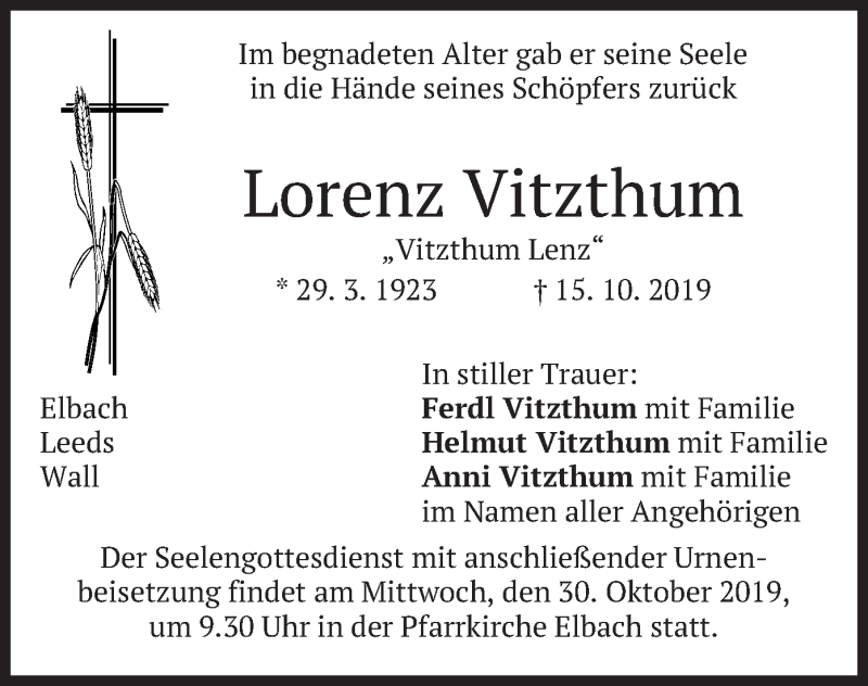  Traueranzeige für Lorenz Vitzthum vom 26.10.2019 aus merkurtz