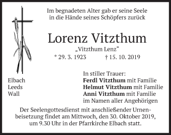 Traueranzeige von Lorenz Vitzthum von merkurtz