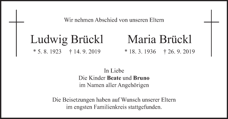  Traueranzeige für Ludwig und Maria Brückl vom 12.10.2019 aus merkurtz