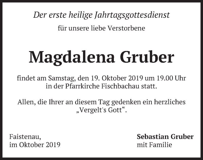  Traueranzeige für Magdalena Gruber vom 17.10.2019 aus merkurtz