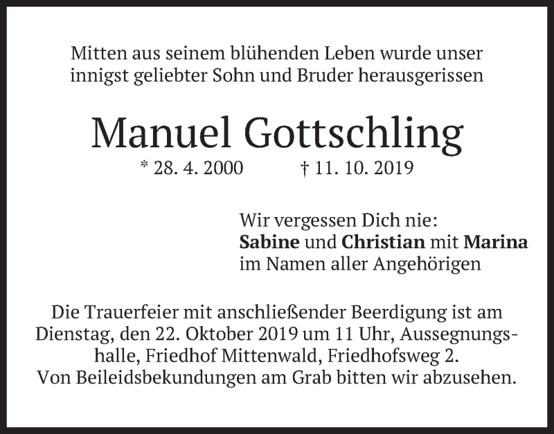  Traueranzeige für Manuel Gottschling vom 19.10.2019 aus merkurtz