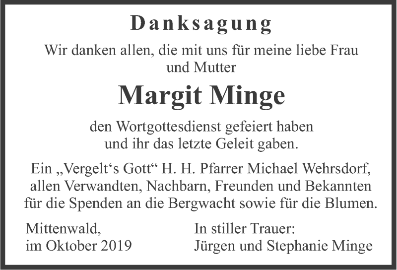  Traueranzeige für Margit Minge vom 05.10.2019 aus merkurtz