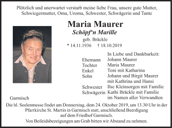 Traueranzeige von Maria Maurer von merkurtz