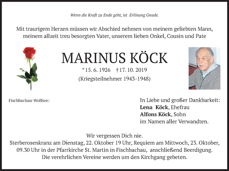  Traueranzeige für Marinus Köck vom 21.10.2019 aus merkurtz