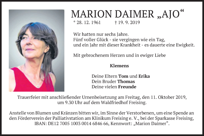  Traueranzeige für Marion Daimer vom 05.10.2019 aus merkurtz