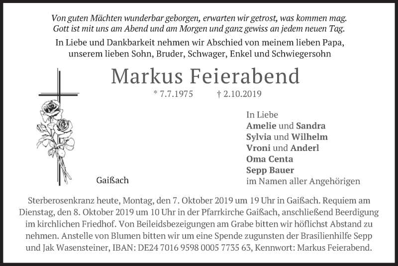  Traueranzeige für Markus Feierabend vom 07.10.2019 aus merkurtz