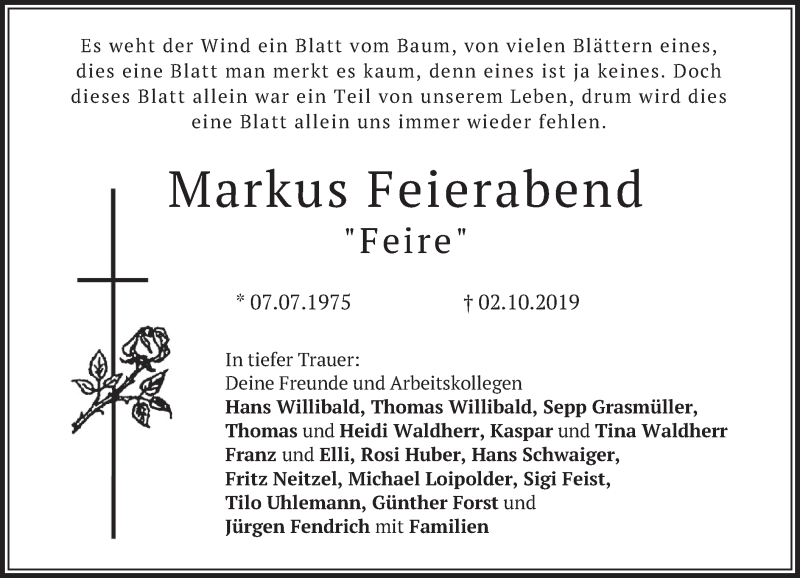  Traueranzeige für Markus Feierabend vom 08.10.2019 aus merkurtz