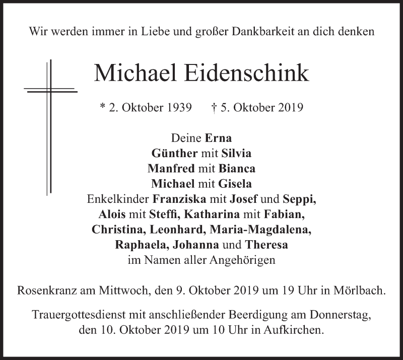  Traueranzeige für Michael Eidenschink vom 08.10.2019 aus merkurtz