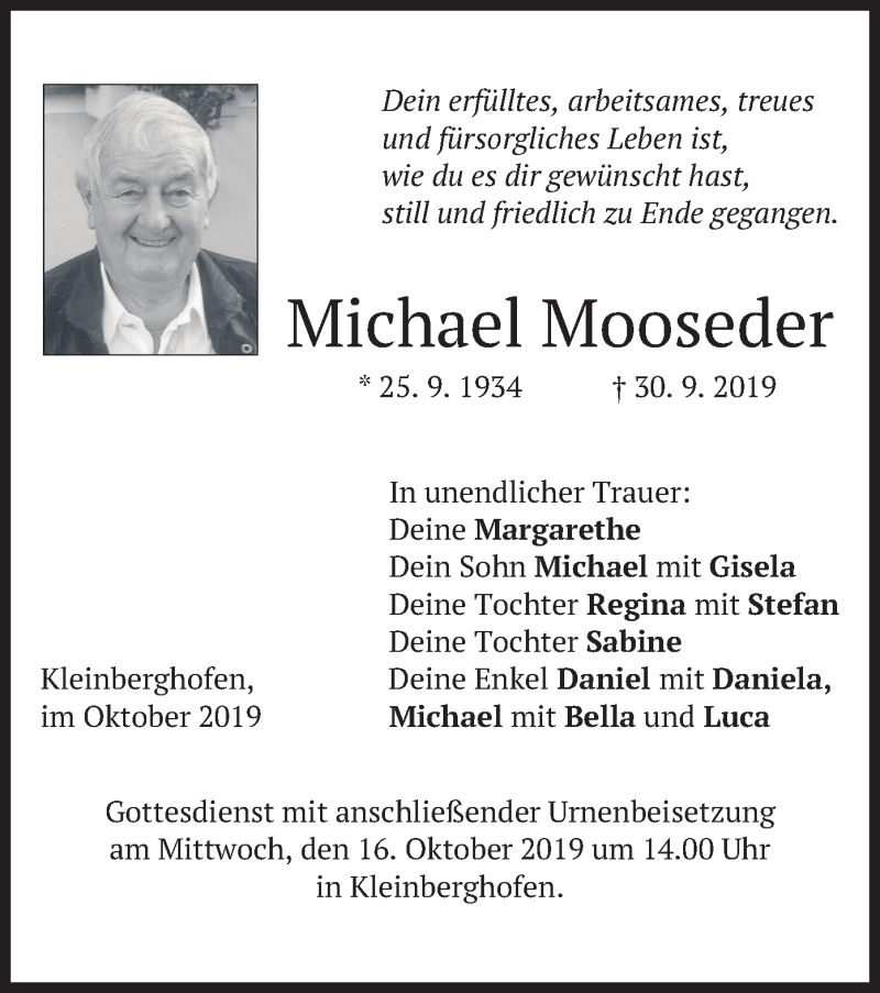  Traueranzeige für Michael Mooseder vom 12.10.2019 aus merkurtz