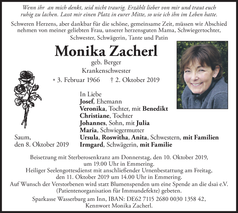  Traueranzeige für Monika Zacherl vom 08.10.2019 aus merkurtz