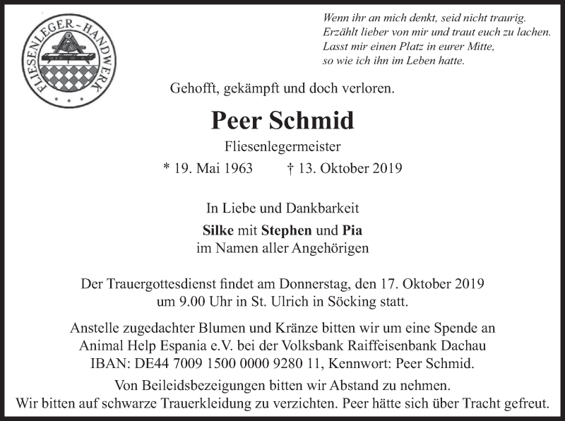  Traueranzeige für Peer Schmid vom 15.10.2019 aus merkurtz