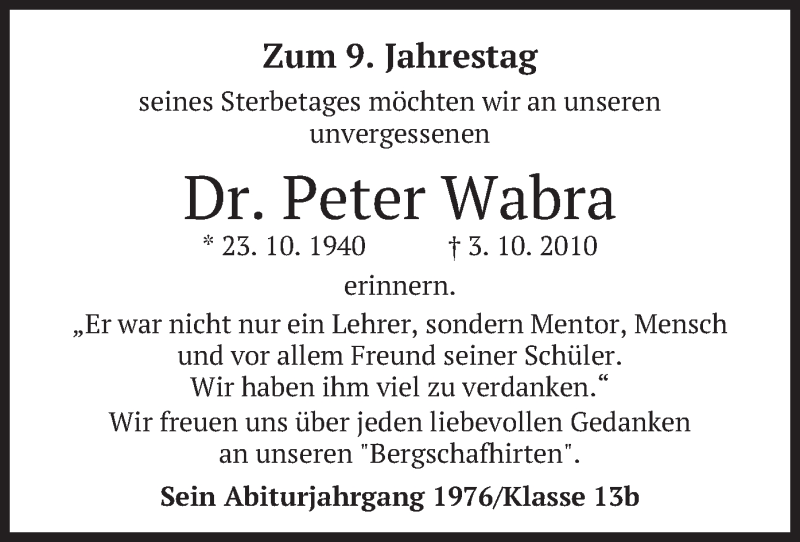  Traueranzeige für Peter Wabra vom 02.10.2019 aus merkurtz