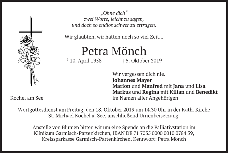  Traueranzeige für Petra Mönch vom 15.10.2019 aus merkurtz