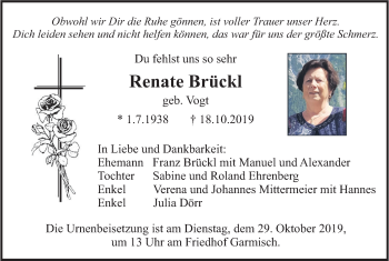 Traueranzeige von Renate Brückl von merkurtz