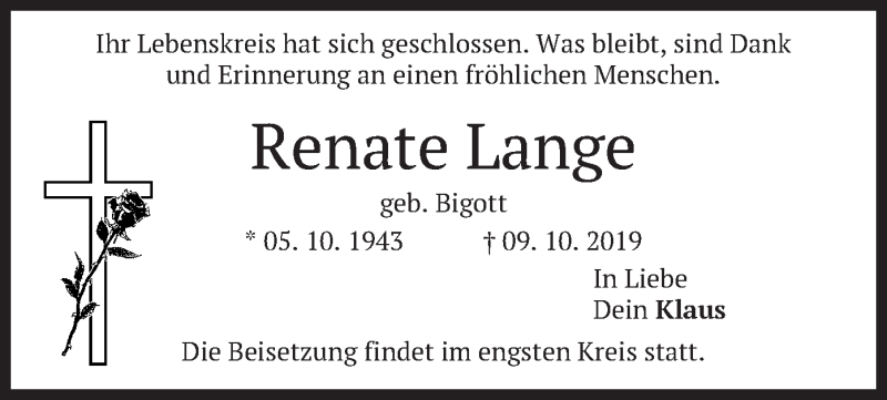  Traueranzeige für Renate Lange vom 12.10.2019 aus merkurtz