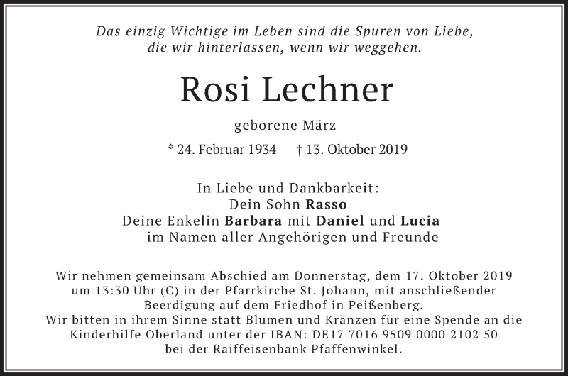  Traueranzeige für Rosi Lechner vom 15.10.2019 aus merkurtz