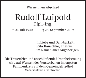 Traueranzeige von Rudolf Luipold