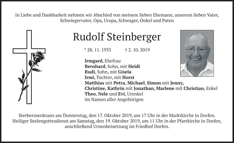  Traueranzeige für Rudolf Steinberger vom 15.10.2019 aus merkurtz
