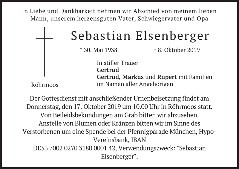  Traueranzeige für Sebastian Elsenberger vom 12.10.2019 aus merkurtz