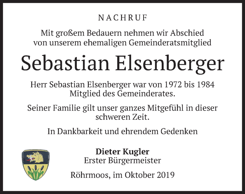  Traueranzeige für Sebastian Elsenberger vom 12.10.2019 aus merkurtz