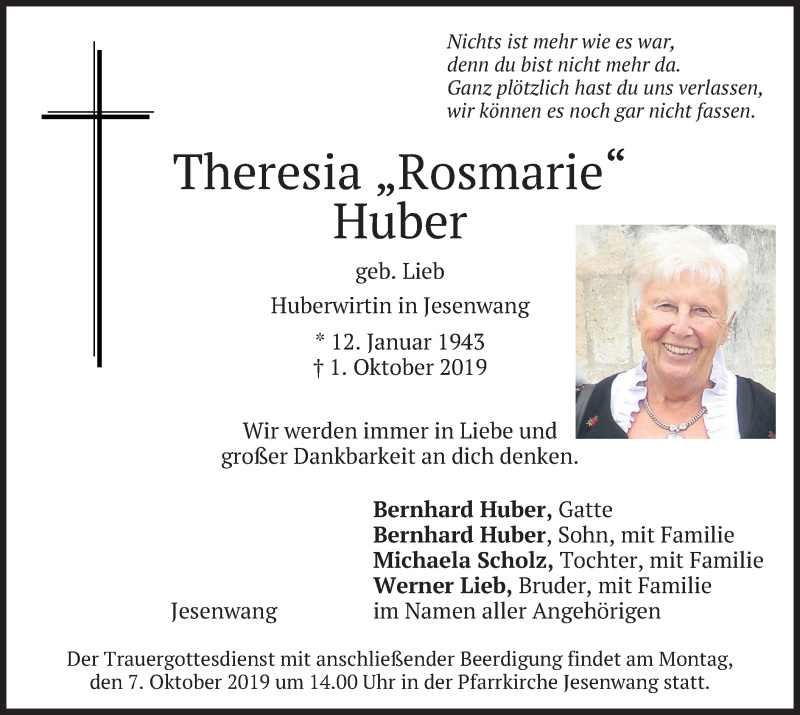  Traueranzeige für Theresia Huber vom 05.10.2019 aus merkurtz