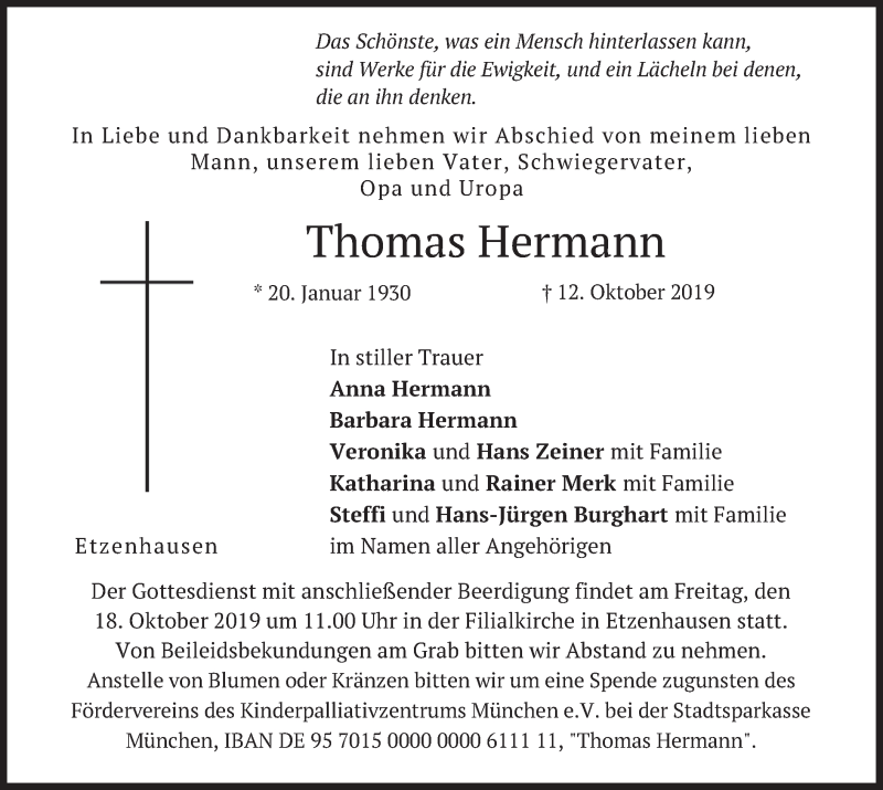  Traueranzeige für Thomas Hermann vom 15.10.2019 aus merkurtz