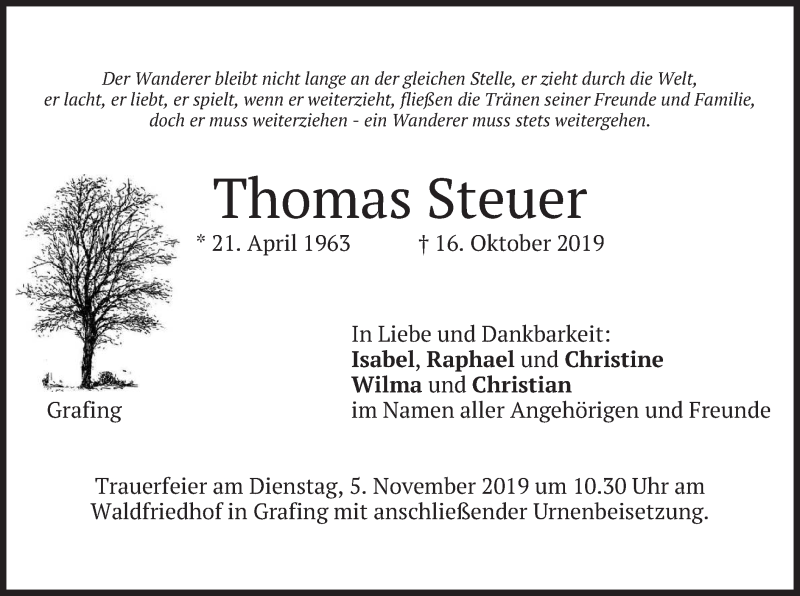  Traueranzeige für Thomas Steuer vom 30.10.2019 aus merkurtz