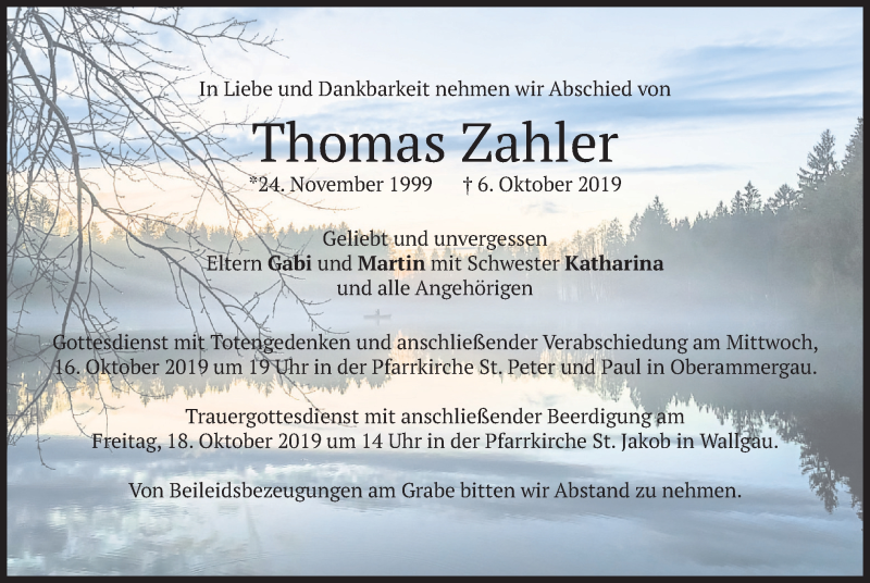  Traueranzeige für Thomas Zahler vom 15.10.2019 aus merkurtz
