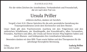 Traueranzeige von Ursula Priller von merkurtz