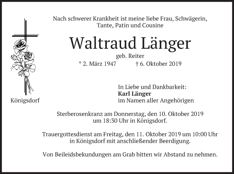  Traueranzeige für Waltraud Länger vom 09.10.2019 aus merkurtz