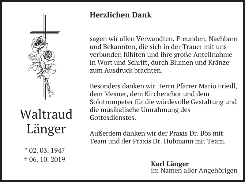  Traueranzeige für Waltraud Länger vom 19.10.2019 aus merkurtz