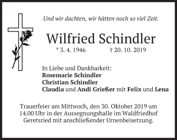 Traueranzeige von Wilfried Schindler von merkurtz