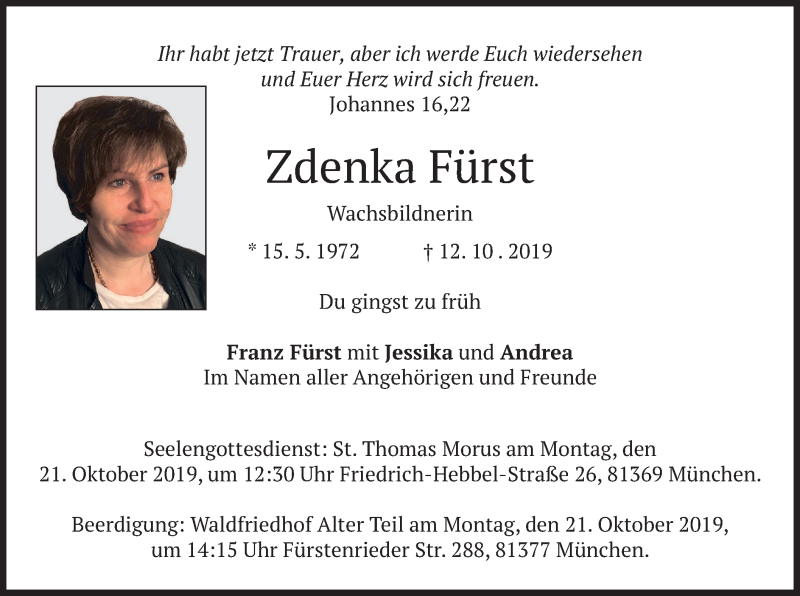  Traueranzeige für Zdenka Fürst vom 17.10.2019 aus merkurtz