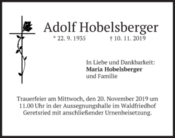 Traueranzeige von Adolf Hobelsberger von merkurtz