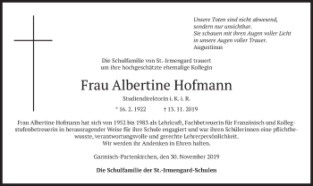 Traueranzeige von Albertine Hofmann von merkurtz