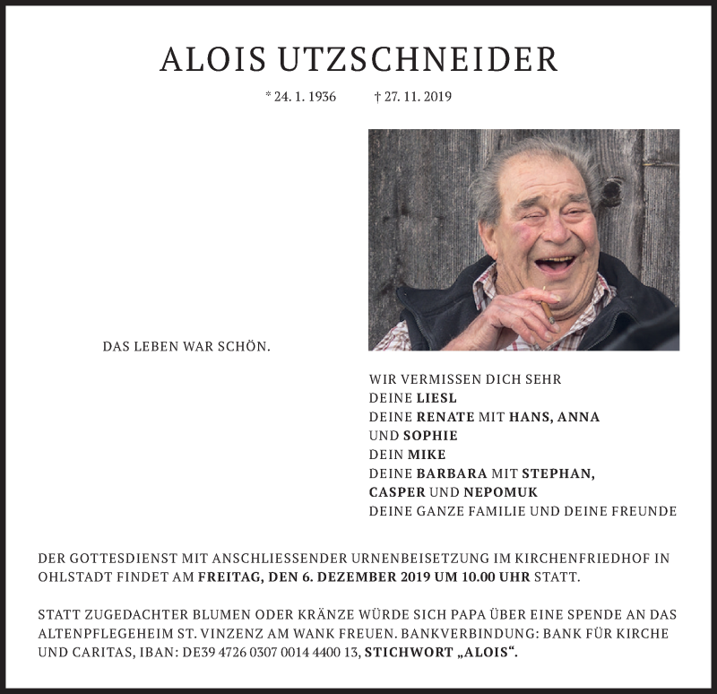  Traueranzeige für Alois Utzschneider vom 30.11.2019 aus merkurtz