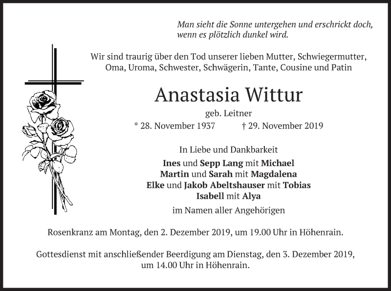  Traueranzeige für Anastasia Wittur vom 30.11.2019 aus merkurtz