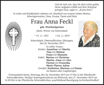 Traueranzeige von Anna Feckl von merkurtz