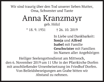 Traueranzeige von Anna Kranzmayr von merkurtz
