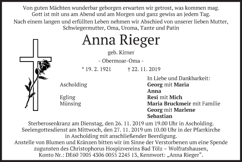  Traueranzeige für Anna  Rieger vom 25.11.2019 aus merkurtz