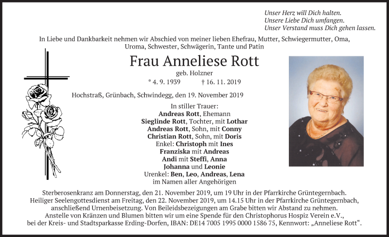  Traueranzeige für Anneliese Rott vom 19.11.2019 aus merkurtz