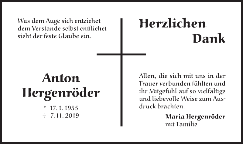  Traueranzeige für Anton Hergenröder vom 30.11.2019 aus merkurtz